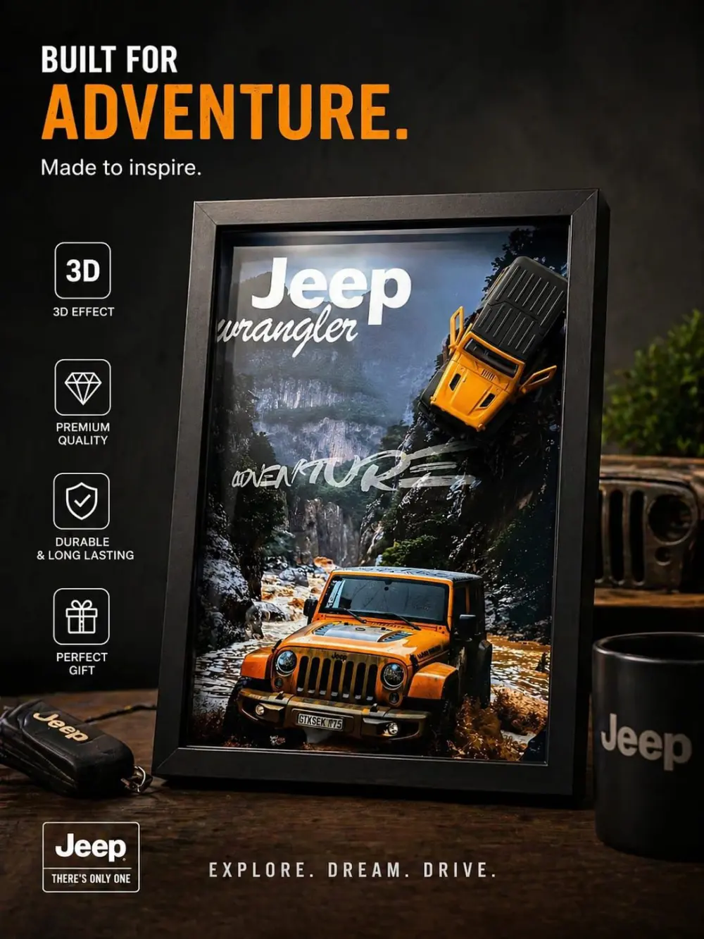 3D Frame Mini Auto Diecast Car Frame Jeep Wrangler - Wall Art Premium Adventure Car Decor | BLACK  | Gift for Car Lovers | Qatar 