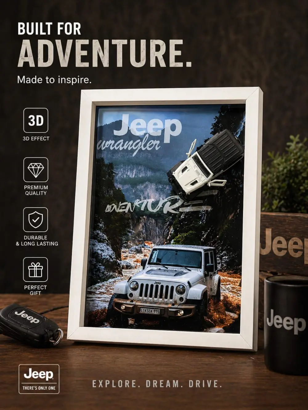	3D Frame Mini Auto Diecast Car Frame Jeep Wrangler - Wall Art Premium Adventure Car Decor | WHITE  | Gift for Car Lovers | Qatar